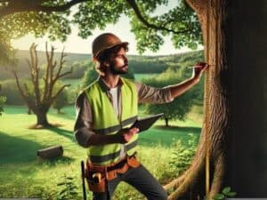 Un agronomo misura la stabilità di un albero come parte di una consulenza agronomica dettagliata.